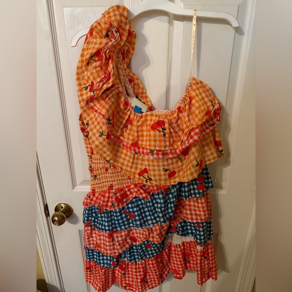 FARM RIO ONE SHOULDER CHERRY MINI DRESS size large - Picture 4 of 6